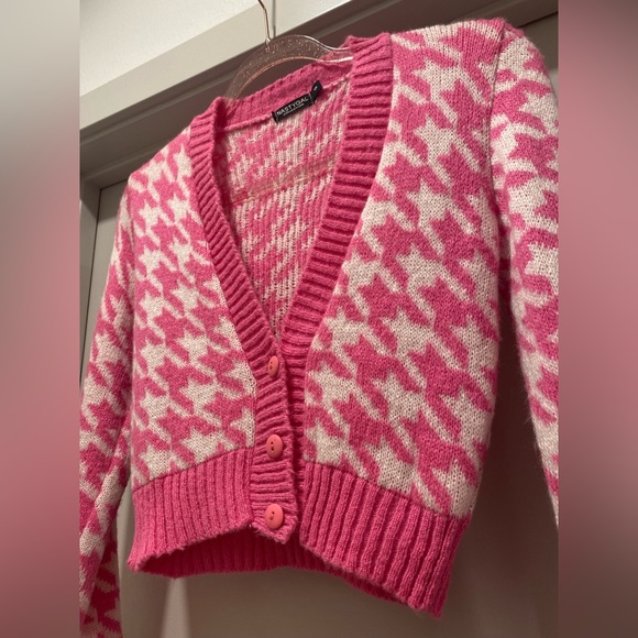 NastyGal Got Knit Right Barbiecore Pink & White Houndstooth Cropped Cardigan - S - Picture 6 of 17